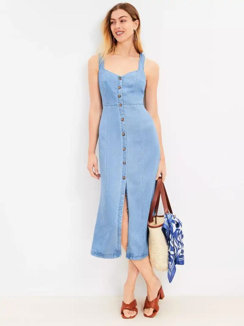 NEW LOFT Chambray Button Front Midi Dress 00